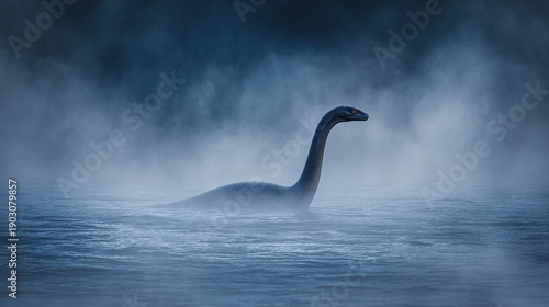 plesiosaur. Plesiosaur emerging from a deep blue prehistoric ocean with a misty volcanic background. wildlife magazines, conservation campaigns, designed for nature documentaries and education.