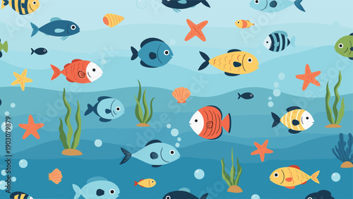 Underwater seamless pattern with colorful tropical fish starfish seashells and seaweed on a blue layered background.