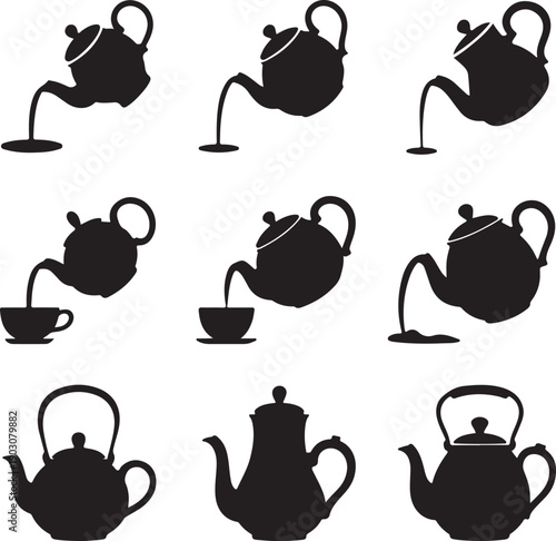 black silhouettes of various tea pots and tea sets on white background