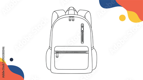Minimalist line drawing of a school backpack placed against a white background with colorful abstract decorative shapes in the corners.