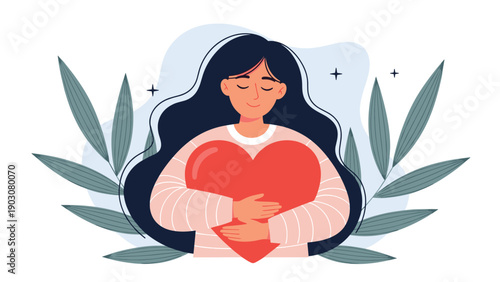 Young woman with long dark hair lovingly hugs a large red heart while surrounded by green tropical leaves and small twinkling stars.