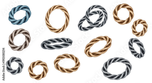 Decorative twisted rope and circular frame illustration set featuring multiple looped rope designs with realistic texture and handcrafted appearance, suitable for nautical themes, marine branding, rus