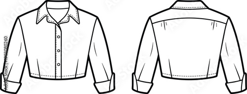 Fashion flat of a stylish cropped long-sleeved shirt with rolled cuffs presented in front and back views emphasizing its contemporary silhouette and