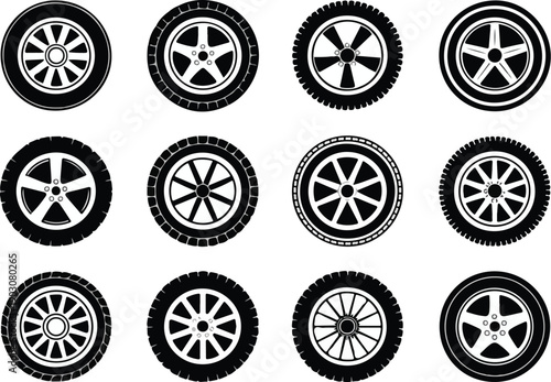 Collection of car wheel and tire icons diverse vector designs for automotive industry isolated on white background