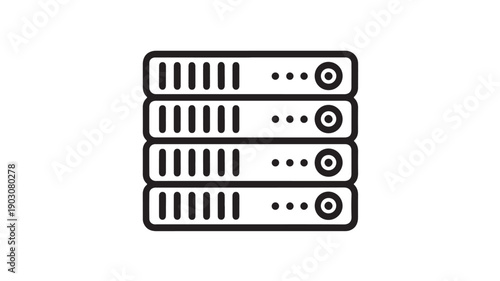 Server Rack Illustration in Simple Monochrome Style with Black Lines on White Background for IT Infrastructure
