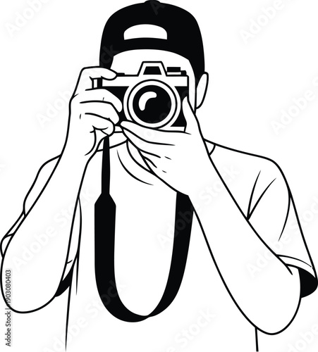 Stylized vector illustration of a photographer wearing a cap and t-shirt, holding a camera to capture a shot with creative focus.