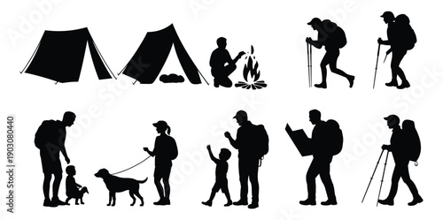 Camping, silhouette, campfire, guitar, tent, sitting, walking, talking, kettle, notebook, cup, vector, black, outdoor, group, activity, relaxation, interaction, flavector