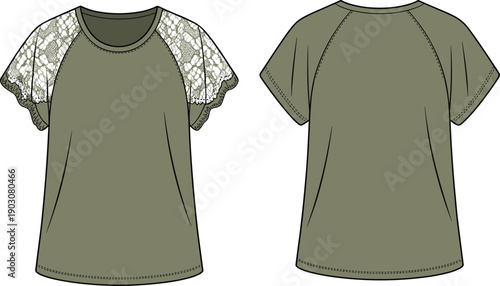 Fashion flat of a women's short sleeve olive green t-shirt with delicate white lace inset raglan sleeves and ruffled hem detail showcasing front and back views for apparel