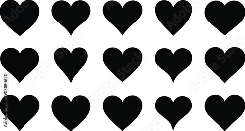 Collection of black heart icons simple vector shapes for design elements representing love and emotion isolated on white background