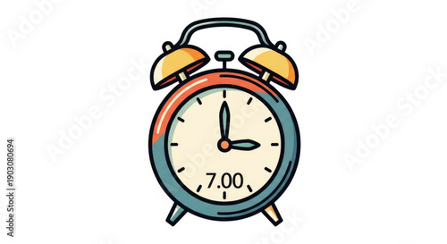 A colorful illustration of an alarm clock ringing at 7:00 AM