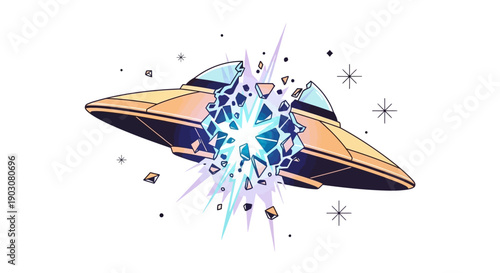 Futuristic spaceship with glowing blue crystal explosion in space