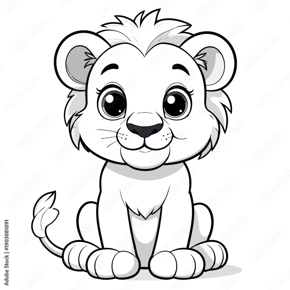 Fototapeta premium A cute lion sitting calmly, friendly expression, big eyes, simplified shapes, children coloring book style, vector line art, black and white, thick clean outlines 