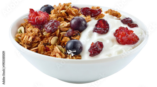 Bowl of granola with yogurt and berries isolated on a transparent background