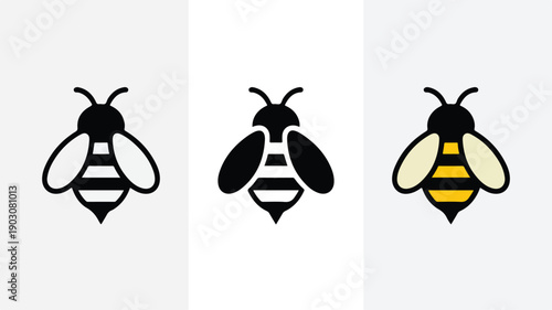 Set of three bee icons simple flat vector illustrations for nature and insect concepts isolated on white background