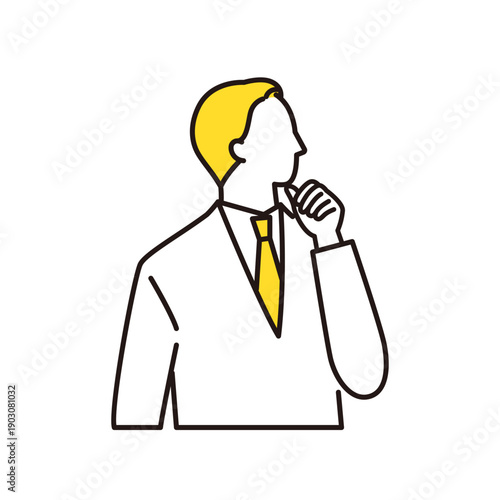 考えるスーツの男性ビジネスパーソン　線画イラスト	