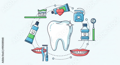 A colorful vector illustration of dental care products surrounding a tooth