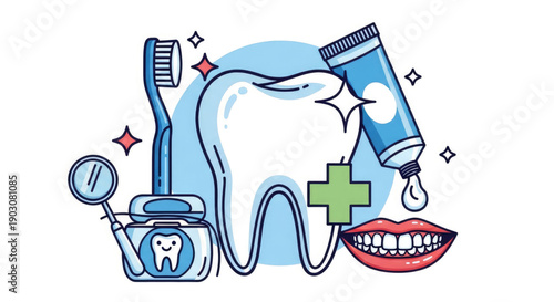 A colorful vector graphic illustration of dental care tools and symbols