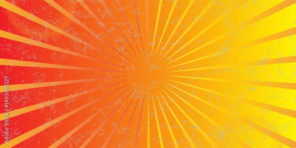 Fototapeta premium Retro pop art comic book background featuring converging orange and yellow radial lines, complemented by halftone dots, creating a dynamic and vibrant visual effect