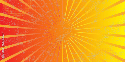 Retro pop art comic book background featuring converging orange and yellow radial lines, complemented by halftone dots, creating a dynamic and vibrant visual effect