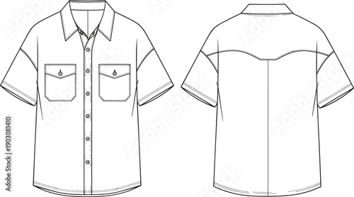 Short Sleeve Button Down Shirt Technical Drawing, Mens Workwear Fashion Flat Sketch Vector, Front and Back View Apparel Template, Professional Design,
