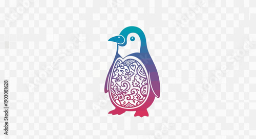 Vibrant gradient penguin with intricate decorative belly pattern standing on a transparent