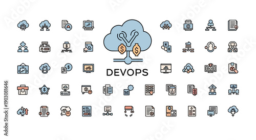 DevOps Cloud Computing Icons: Development, Operations, Technology, Business, Data