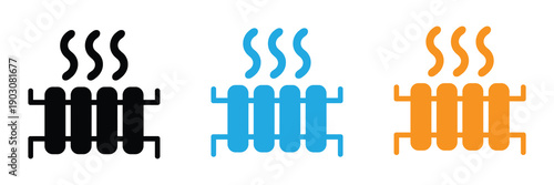 Heating radiator icon set featuring line art and solid versions depicting warmth for energy and home comfort themes. Heating radiator icons in different colors. 