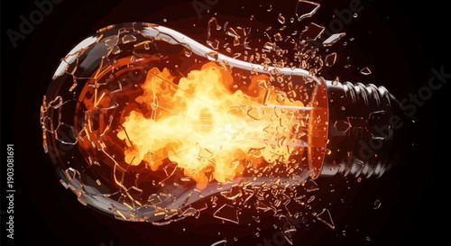 Exploding light bulb with bright orange flames and shattered glass on black background with sparks