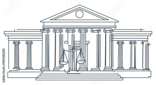 Iconic illustration of a classical courthouse building with justice scales, symbolizing law, fairness, and legal system integrity