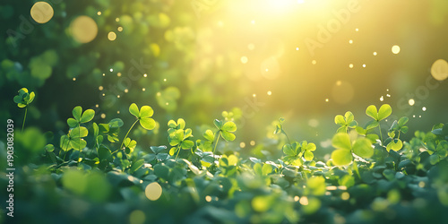 Fresh Green Clover Leaves Glowing in Warm Sunlight with Soft Bokeh