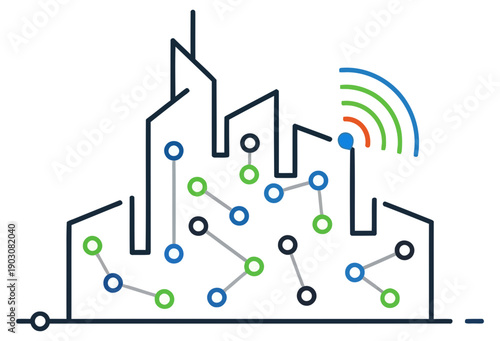 Smart city network icon showing interconnected urban buildings and wireless communication. Modern digital infrastructure concept