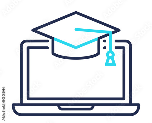 Online Learning Graduation Cap on Laptop Icon Representing E-learning, Digital Education, and Online Study Completion