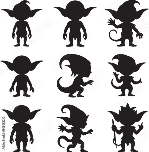 Collection of various cartoon monster silhouettes on white background