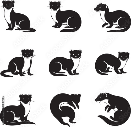Collection of various ferret silhouettes in different poses on white background