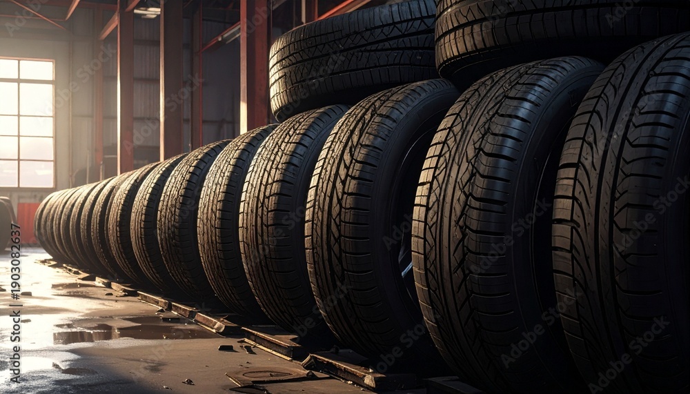 Obraz premium Stacked car tires inside an auto workshop, gritty industrial atmosphere, dramatic low-key lighting, detailed rubber textures, shallow depth of field, automotive service concept, realistic still life p