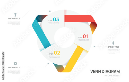 Venn diagram infographic chart template for business 3 color parts options, presentation with icon elements vector illustration.