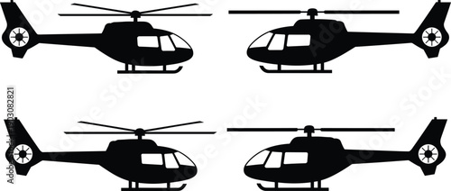 Four black silhouette helicopters in different side profile views against a clean white background illustrating aviation and transport concepts