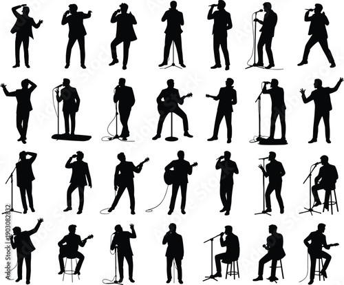 Black silhouette collection of male singer performing with microphone, multiple stage poses isolated on white background, music concert, vocalist performance concept illustration
