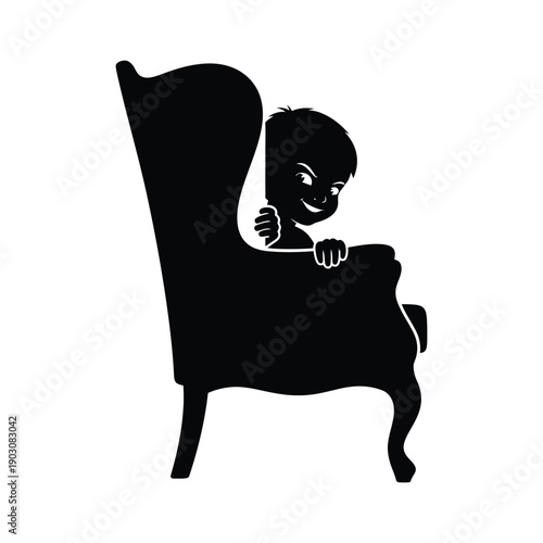 Mischievous child peeking from behind armchair vector illustration silhouette hiding playing at home