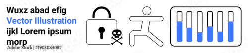 Lock, danger skull icon, running figure, and data analysis bars depict security, safety, and monitoring. Ideal for cybersecurity, threat analysis, risk management data protection system monitoring