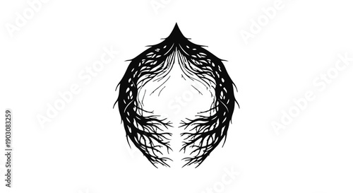 Intricate organic root system forming a symmetrical abstract shape