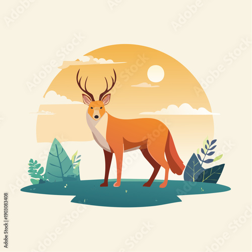 Majestic deer stands tall amidst a vibrant natural landscape during sunset