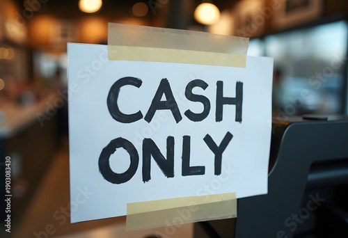 Cash only sign taped to a counter in a small business
