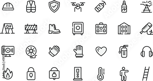 Construction safety line icons set featuring helmet, gloves, fire extinguisher, ladder, drone, temperature gauge, protective equipment symbols for workplace hazard prevention 