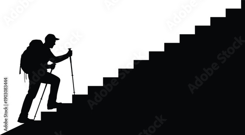 Silhouette of a hiker with a backpack and trekking poles ascending a steep staircase against a white background