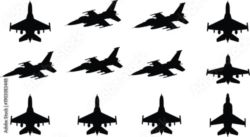 Silhouette collection of fighter jet aircraft in various flight and ground positions against a stark white background