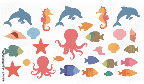 Colorful marine life characters vector set with dolphins fish and sea animals for kids