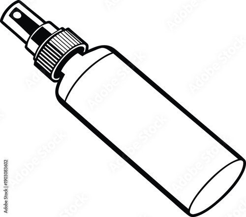 Black and white spray bottle with a black spray nozzle and a silver cap cylindrical