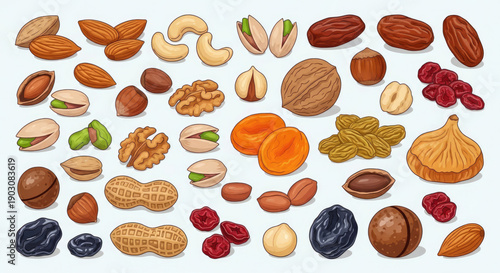 A colorful vector illustration of various nuts and dried fruits arranged in a flat design