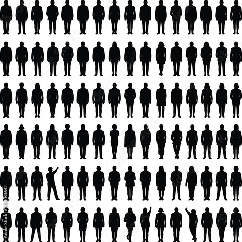 Large group of diverse human silhouettes standing in rows, representing population, society, workforce diversity, teamwork, community structure, demographic data, and social statistics concept